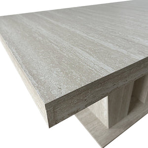 English Elm Rectangular extendable dining table with veined travertine top, beige MDF, sturdy wide feet, 6-10 seats W1347S00018