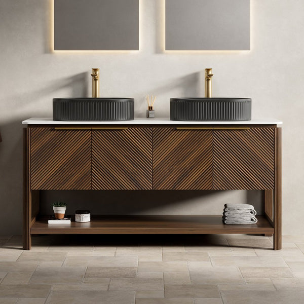 English Elm Dina 60 Inch Floating Bathroom Vanity Sintered Stone Top Dual Glass Basins Wood Grain W2615S00724