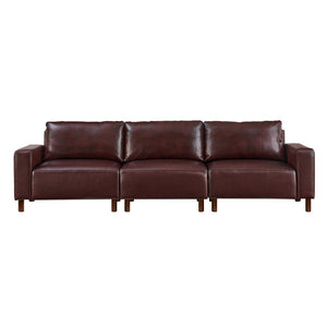 English Elm 112" Mid-century Faux Leather Three-seat Sofa with Rubberwood Legs for Living Room Burgundy W1097S00256