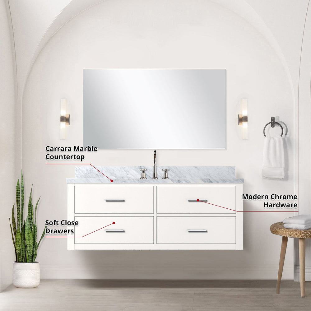 English Elm Castor 48" W White Single Bath Vanity with Carrara Marble Top, Assembled, Chrome Faucet & 43" Mirror B2731P336963