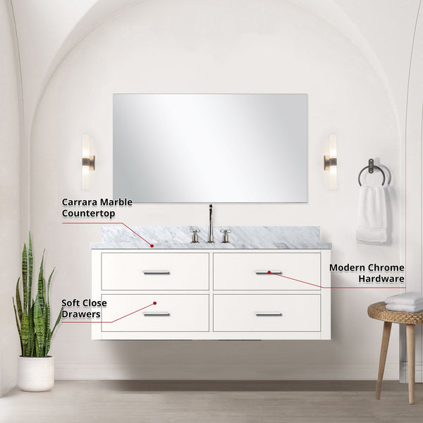 English Elm Castor 48" W White Single Bath Vanity with Carrara Marble Top, Assembled, Chrome Faucet & 43" Mirror B2731P336963