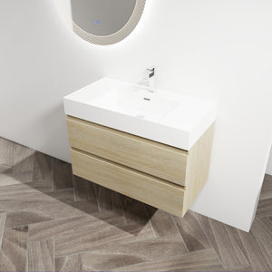 English Elm 36" Wall-Mounted Bathroom Vanity With Resin Sink & Soft-Close Drawers For Modern Spaces W999S00198