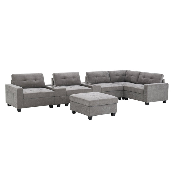English Elm 104'' Sectional Sofa with Acrylic Table Top, Chenille Tufted U-Shaped Couch with Consoles, USB Charging, Storage Drawers and Ottoman for Living Room, Apartment Gray N723S0191E