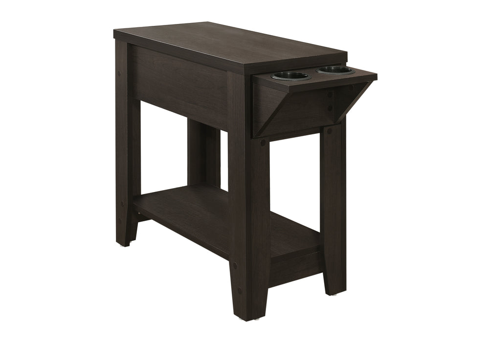 English Elm Accent Table Compact Side End with Drop-Down Cup Holder, Hidden Drawer & Shelf in Brown Laminate Finish Espresso 28 L x 16 W x 8 H B2710P219219