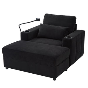 English Elm Modern Multifunctional Armchair with Chaise Lounge, Hidden Ottoman Storage, USB Ports & Cup Holders Black N719P292700B