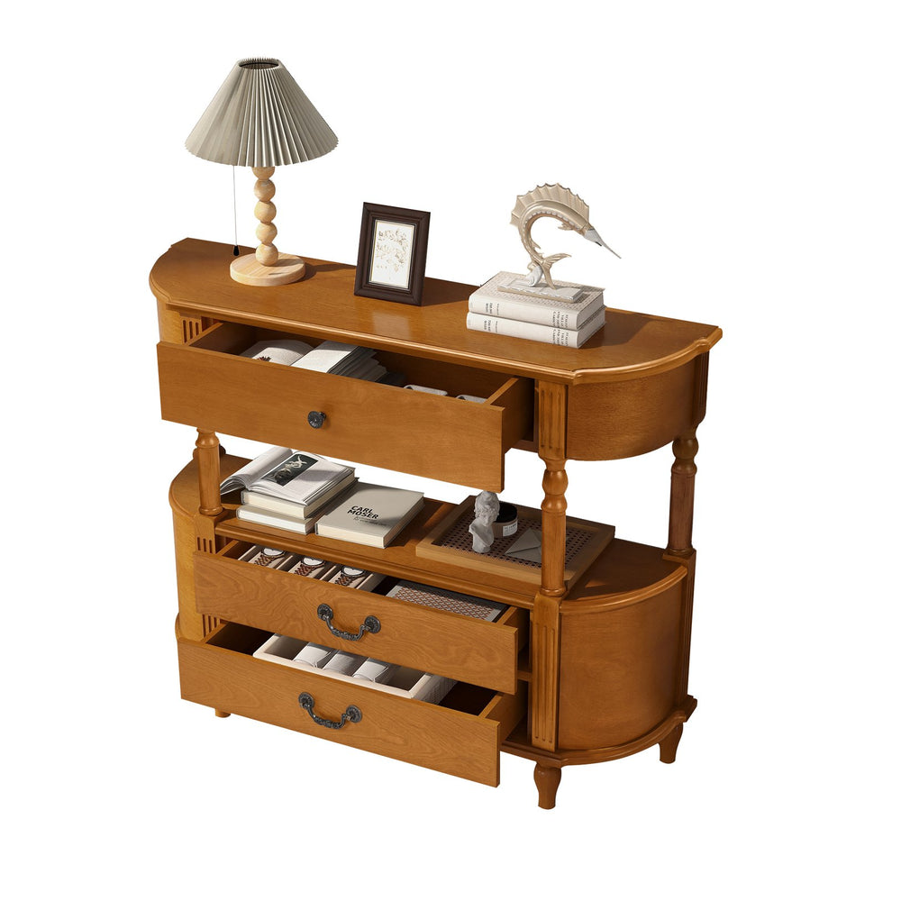 English Elm Retro Curved Wood Console Table with 3 Drawers, Mid-Century Entry Sofa Table with Shelf, Sturdy Pine Legs and High Weight Capacity Brown W1202P303776