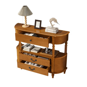 English Elm Retro Curved Wood Console Table with 3 Drawers, Mid-Century Entry Sofa Table with Shelf, Sturdy Pine Legs and High Weight Capacity Brown W1202P303776