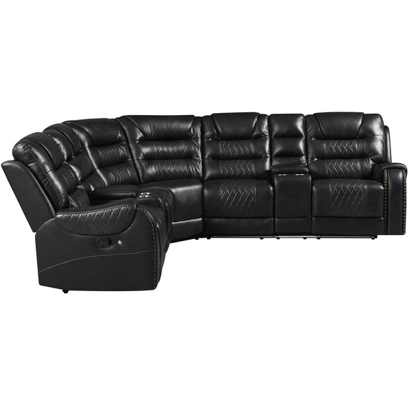 English Elm 113.5" Manual Reclining Sectional Sofa Set L-Shaped Symmetrical Motion Couch with LED Strip, 4 Cup Holders, Storage Boxes and Durable PU Leather Frame Black N719S001150B