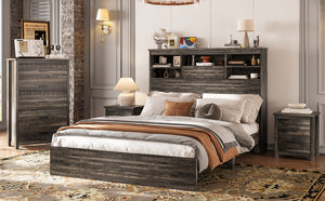 English Elm 4PCS Queen Bedroom Set with Storage Headboard & Built‑In Charging Station, 2 Nightstands, Dresser Antique Gray 54.25 L x 18.75 W x 9.25 H N733S307937A