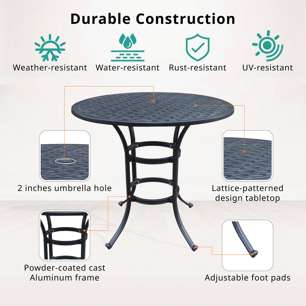 English Elm 42" Cast Dark Lava Bronze Aluminum Round Counter Table – Powder-Coated Lattice Design, 2" Umbrella Hole, Seats 4, Durable Outdoor Patio Centerpiece B010P278350