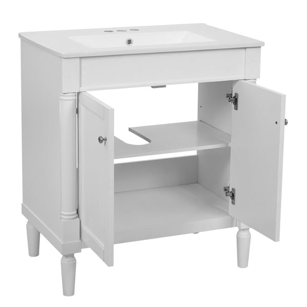 English Elm 30" French Style Bathroom Vanity with Ceramic Basin Soft Close Doors Wood Legs White N710P415327K