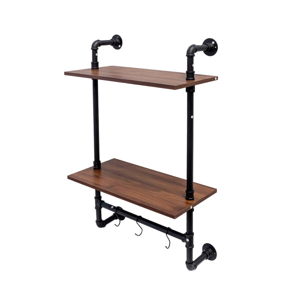 English Elm Industrial Pipe Shelf 3-Tier Wall Mounted Rustic Wood Display with 8 Open Shelves & 3 Hooks — Farmhouse Decor, Kitchen, Bedroom Storage (28.35x15.35x11.22) W331P279737