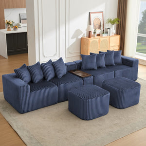 English Elm [new U-shaped Corduroy Sectional with Usb Charging Console and Movable Modules Blue W2108S00177