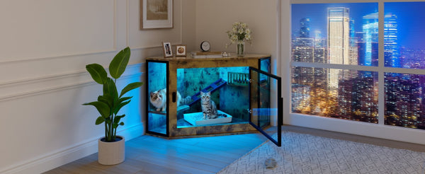 English Elm 48" Corner Mdf Cat Litter Enclosure Cabinet with Led Acrylic Door and Play Loft Tiger N704P402446D