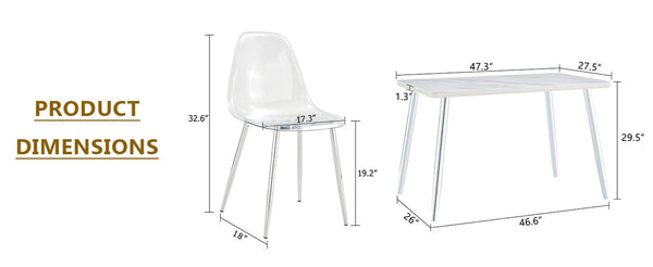 English Elm Table and Chair Set Marble Glass Top Six Ghost Seats Silver Legs Modern Dining W1151S04644