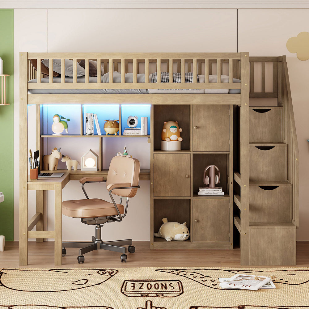 English Elm Wood Twin Loft Bed with Built-In L-Desk, LED Lighting, Staircase Storage, Shelves & Cabinets Walnut N7090000470D