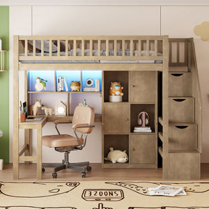 English Elm Wood Twin Loft Bed with Built-In L-Desk, LED Lighting, Staircase Storage, Shelves & Cabinets Walnut N7090000470D