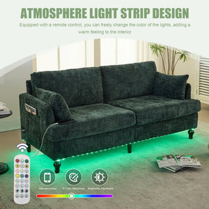 English Elm Modern chenille 2-seater sofa with LED lighting, USB charging, storage pocket, sturdy wood legs Emerald W395P318546