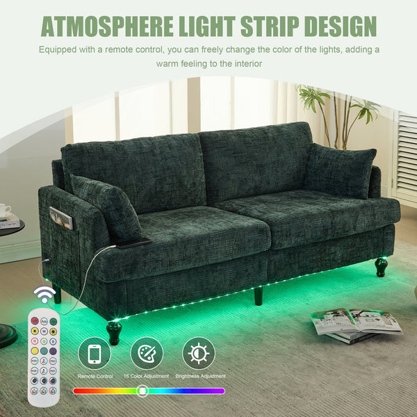 English Elm Modern chenille 2-seater sofa with LED lighting, USB charging, storage pocket, sturdy wood legs Emerald W395P318546