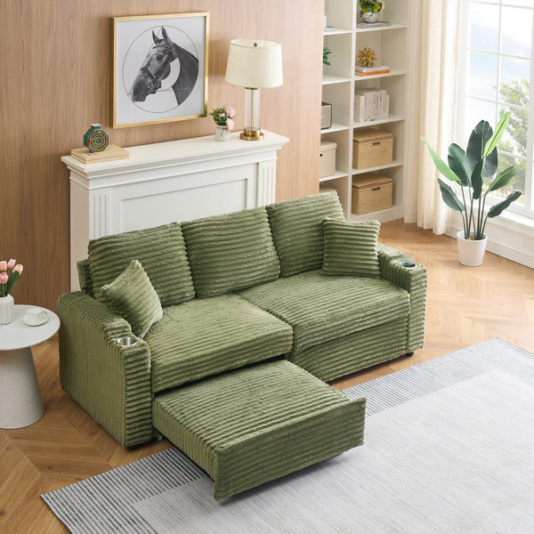English Elm 80-inch Corduroy Folding Sofa Bed with Hidden Recline, Cup Holder & Pillows, Solid Wood Frame, 500lb Green W3356S00006