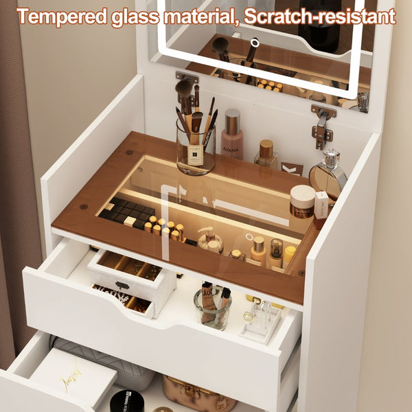 English Elm Dressing Table Set with Led Lit Flip Mirror Hidden Stool and Dual Drawers for Small Spaces W5252P447369