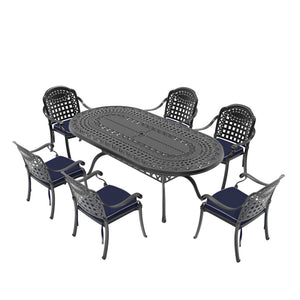 English Elm 7-Piece Durable Cast Aluminum Patio Set With Blue Cushions - Stylish Outdoor Dining & Comfort W1710S00497