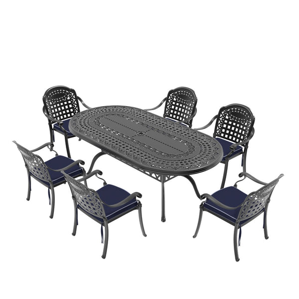 English Elm 7-piece Cast Aluminum Outdoor Dining Set Seats Six with Scrollwork and Weather Resistance W1710S00650