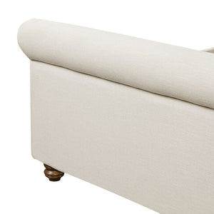English Elm Queen Linen Upholstered Bed Frame Thick Rolled Headboard Solid Rubberwood Legs Bedroom Beige N757Q384827I