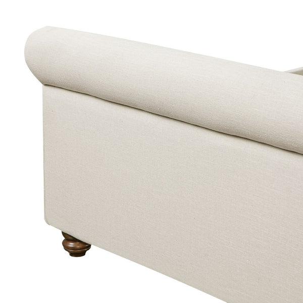 English Elm Queen Linen Upholstered Bed Frame Thick Rolled Headboard Solid Rubberwood Legs Bedroom Beige N757Q384827I