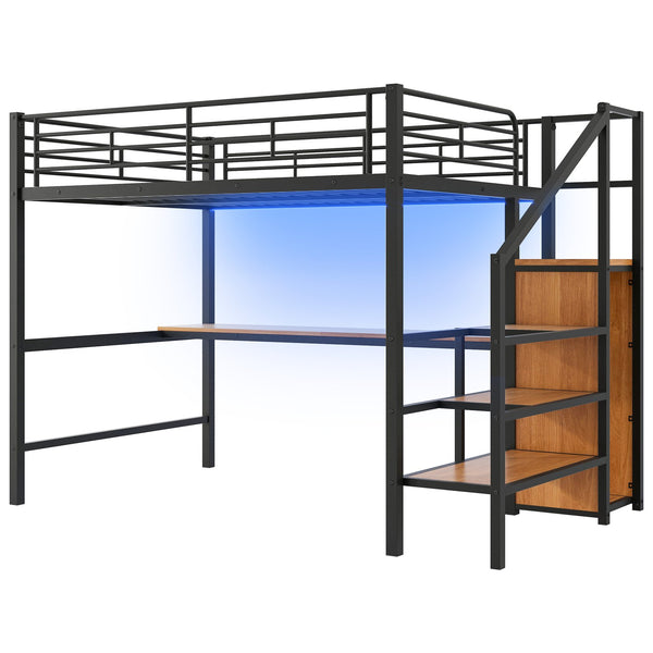 English Elm Full Size Metal Loft Bed With Desk, Storage Steps, Wardrobe, Led Light - Perfect For Small Spaces! GX000620AAB-1