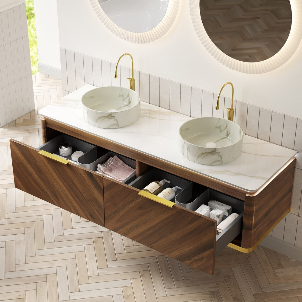 English Elm Dipa 60" Floating Bathroom Vanity Set With Dual Ceramic Sinks, Sintered Stone Top & Led Lighting W2615S00486