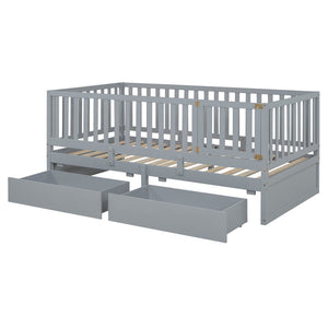 English Elm Twin Pinewood Daybed with Fence Guardrails Splits Into Two Floor Beds Storage Gray LP100881AAE