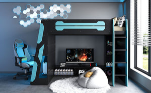 English Elm Twin Gaming Loft Bed with Desk Rgb Lighting and Multi-tier Shelves for Teen Rooms Blue LT000160AAC