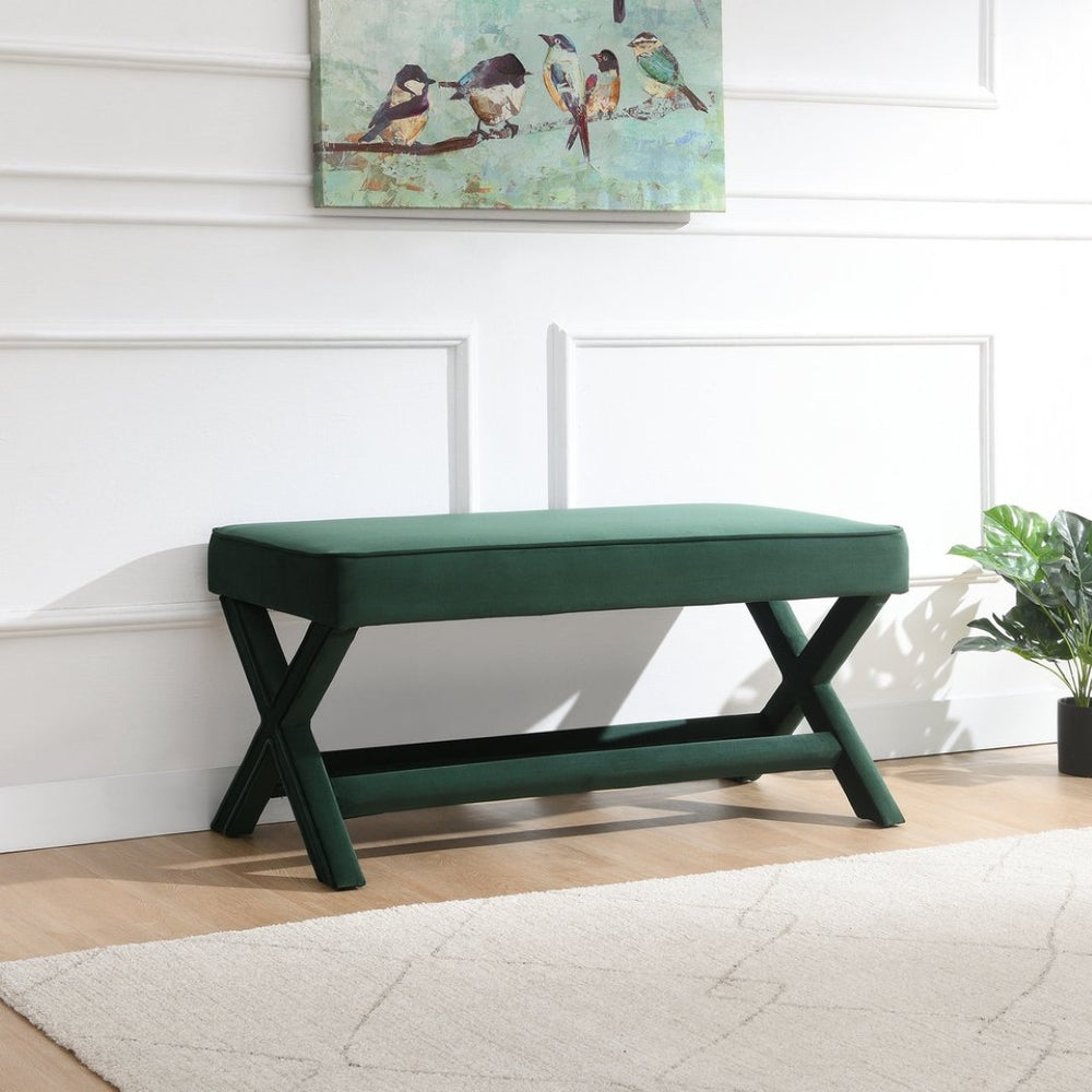 English Elm Comfort Velvet Upholstered Bench with X-crossed Legs Piped Cushion Mid-century Style Green W2671P441834
