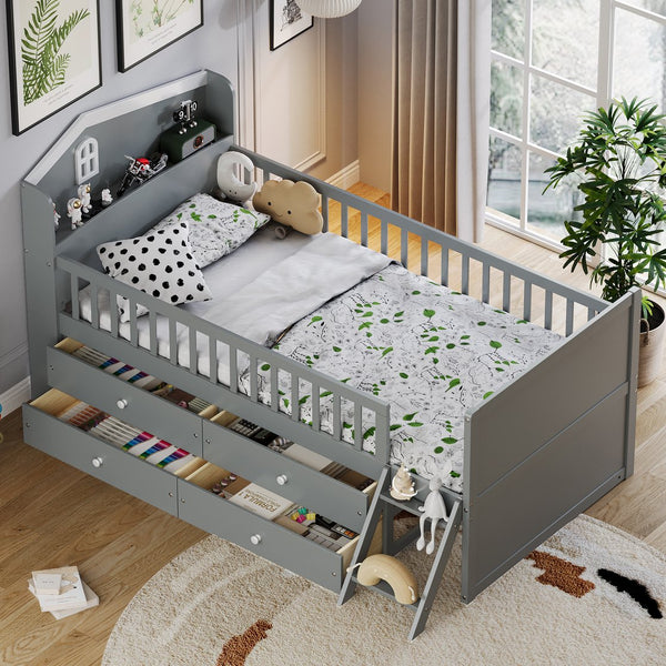 English Elm Twin Bed Frame with Storage Drawers and House Headboard, Kids Platform Bed with Guardrail Ladder and Shelf Gray 49.3 L x 16.25 W x 7.75 H N733S278032E
