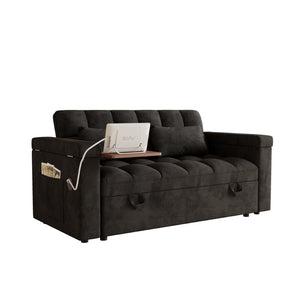 English Elm 65-inch Velvet Convertible Sleeper Sofa with Usb Port Storage Armrests Adjustable Back Black W2564S00114