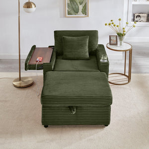 English Elm Comfortable Fluffy Corduroy Lazy Sofa with Storage Ottoman, Convertible Arm Table and USB Charging Green W3705P349925