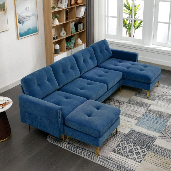 English Elm 110" L-Shape Convertible Sectional Sofa with Movable Ottoman, Velvet Upholstery, Space-Saving Modern Design Blue N719S000970C