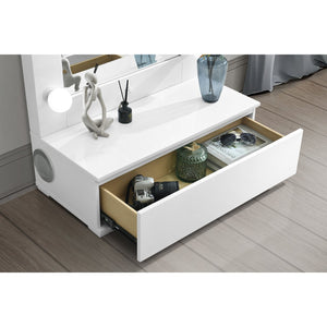 English Elm ELISA Glam LED Vanity Table with Glass Top, Built-In Speakers, Storage Stool and Mirror Lighting White 33.15 L x 17.8 W x 12.05 H B201S00354