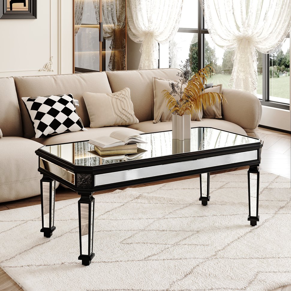 English Elm Silver Mirrored Coffee Table with Vintage Carved Accents, Rectangular Glass Top, Elegant Centerpiece, Durable & Easy-Clean Finish W1445P299191