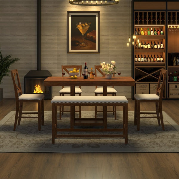 English Elm U_style Rubberwood Farmhouse Bar Table Set Expandable Crossback Chairs Bench Seating Brown WY000534AAD