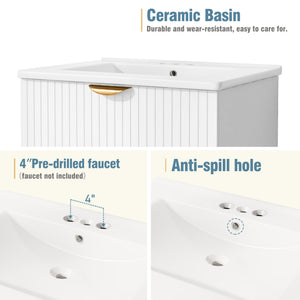 English Elm Modern 24-Inch Wall-Mounted Bathroom Vanity with 2 Drawers, Gold Handles, Space-Saving Luxury White WF324047AAK