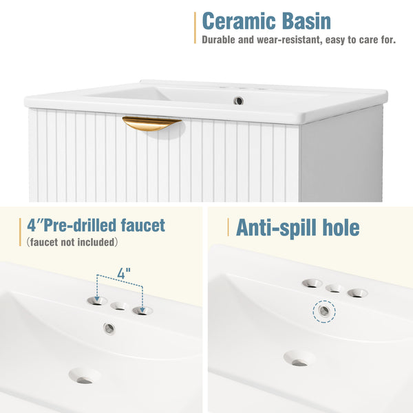 English Elm Modern 24-Inch Wall-Mounted Bathroom Vanity with 2 Drawers, Gold Handles, Space-Saving Luxury White WF324047AAK