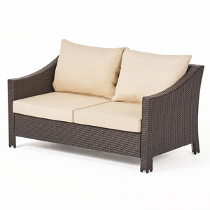 English Elm Christopher Knight Home® - ANTIBES RATTAN LOVESEAT SET WITH SIDE TABLE – Weatherproof PE Wicker, Iron Frame, Compact Patio Seating Brown 57088.00SET