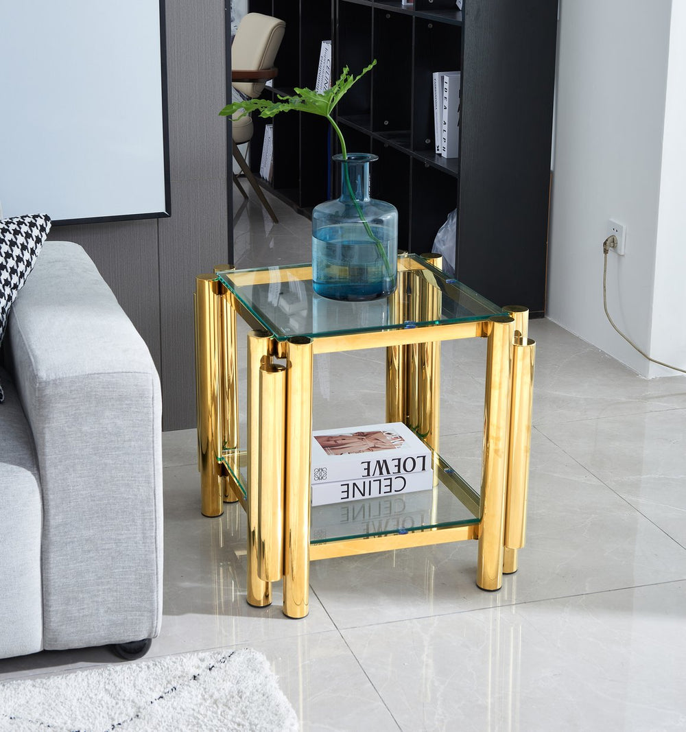 English Elm 20 Inch Square End Table - Modern Gold Stainless Steel & Glass Side Table With Double-Layer Storage W2978S00006