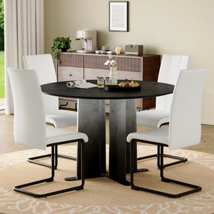 English Elm Modern Round Pedestal Dining Set Five Piece Pu Leather Chairs for Compact Spaces W3875S00074