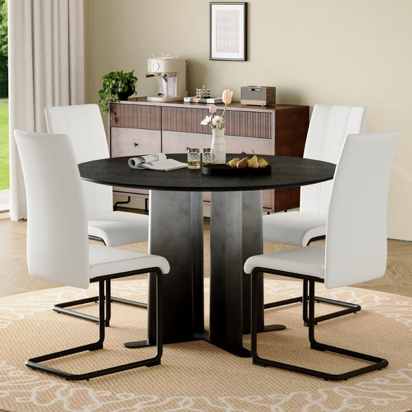 English Elm Modern Round Pedestal Dining Set Five Piece Pu Leather Chairs for Compact Spaces W3875S00074