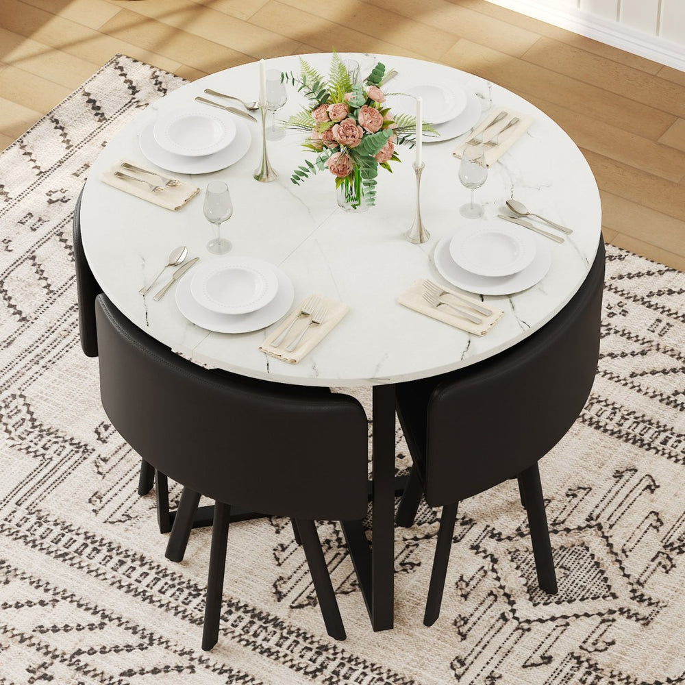 English Elm 5 Piece Round Faux Marble Dining Set with Pu Leather Chairs for Small Apartments Black,White W3875S00086