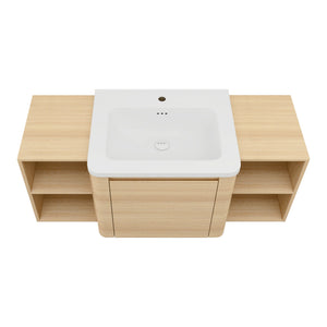 English Elm 48'' Wall-Mounted Bathroom Vanity With Sleek White Sink, Open Shelves, Soft-Close Door & Modern Design W999S00485