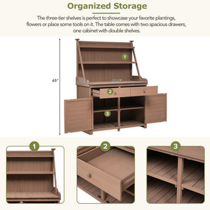English Elm [Assembly 65inch Garden Potting Bench Table Fir Wood Workstation with 3-Tier Shelves Drawers Cabinet for Organization and Durability Brown N717P220217D
